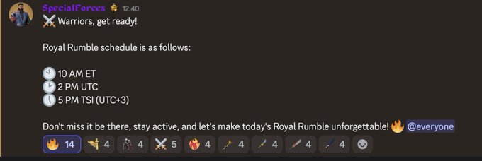 A Discord message from 'SocialForces' announces a 'Royal Rumble schedule' with times at 10 AM ET, 2 PM UTC, and 5 PM TSI (UTC+3), ending with a call to action and various reaction emojis.
