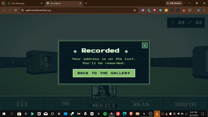 A computer screen displaying a web browser on 'galleria.theflorentines.xyz' with a pop-up message reading 'Recorded - Your address is on the list. You'll be rewarded. BACK TO THE GALLERY'.