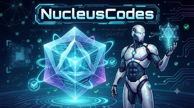 A digital banner reading 'NucleusCodes' features a futuristic white and blue robot standing next to a glowing holographic crystal, with mathematical formulas and circuit-like patterns in the background.