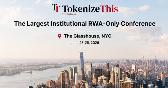 The image shows an aerial view of New York City, with the text "@redstone_defi TokenizeThis" at the top and "The largest institutional RWA-Only Conference" below it. The caption reads "One week to go until @redstone_defi tokenizeThis 2026 in New York City! We are proud to be a sponsor of one of the industry's leading tokenization events".