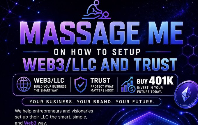 A promotional graphic for "Massage Me on How to Setup Web3/LLC and Trust" featuring services for Web3/LLC formation, trust protection, and 401K investment, alongside a Bitcoin and Ethereum logo. The image is unrelated to the post about the Crypto Clarity Act, though both touch on themes of cryptocurrency regulation and the Web3 business landscape.