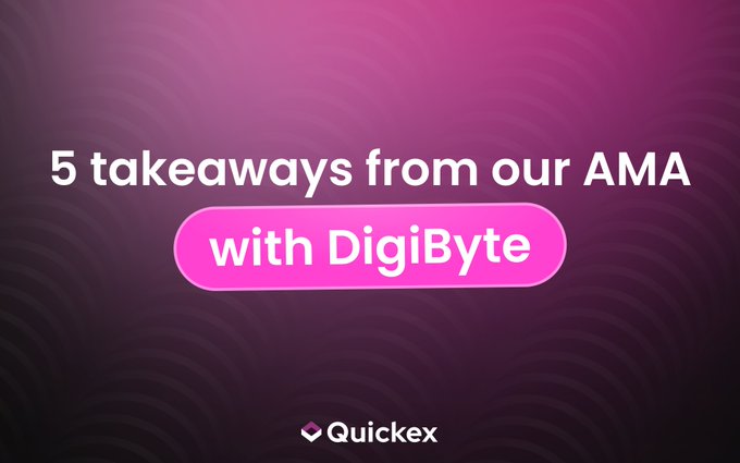 A pink-themed graphic with white text reading '5 takeaways from our AMA with DigiByte' featuring the 'Quickex' logo at the bottom.