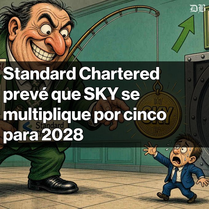 A Spanish-language financial cartoon headline reads 'Standard Chartered prevé que SKY se multiplique por cinco para 2028', showing a caricatured banker using a fishing rod to dangle a 'SKY' coin in front of a smaller worried man.