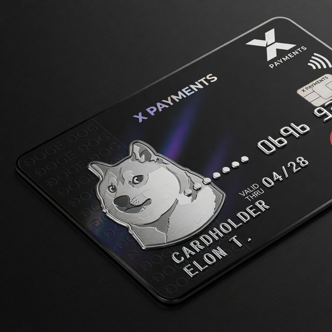 A black "X PAYMENTS" card featuring an embossed Shiba Inu (Doge) emblem is displayed, with "DOGE" watermarked in the background and the cardholder listed as "ELON T." with a valid date of 04/28, visually symbolizing the potential integration of DogeCoin into X's payment ecosystem.