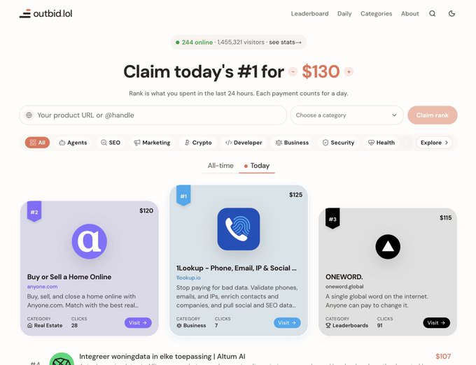 A screenshot of the Outbid.lol leaderboard website showing the tagline 'Claim today's #1 for $130' with online visitor stats, featuring ranked products like 'Buy or Sell a Home Online', '1Lookup', and 'ONEWORD' across categories like SEO, Marketing, and Crypto.