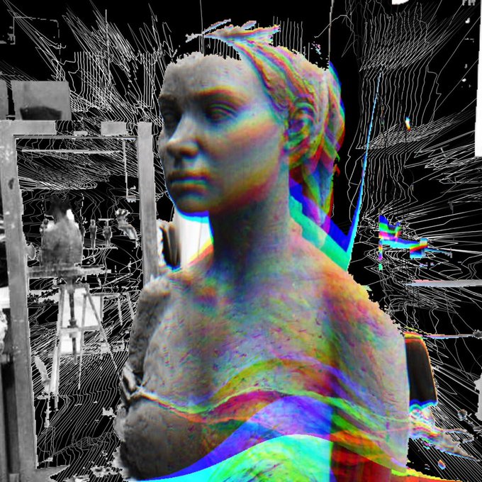 A classical bust sculpture is rendered with a psychedelic, iridescent rainbow color effect, set against a dark background filled with chaotic, glitch-like white line patterns.