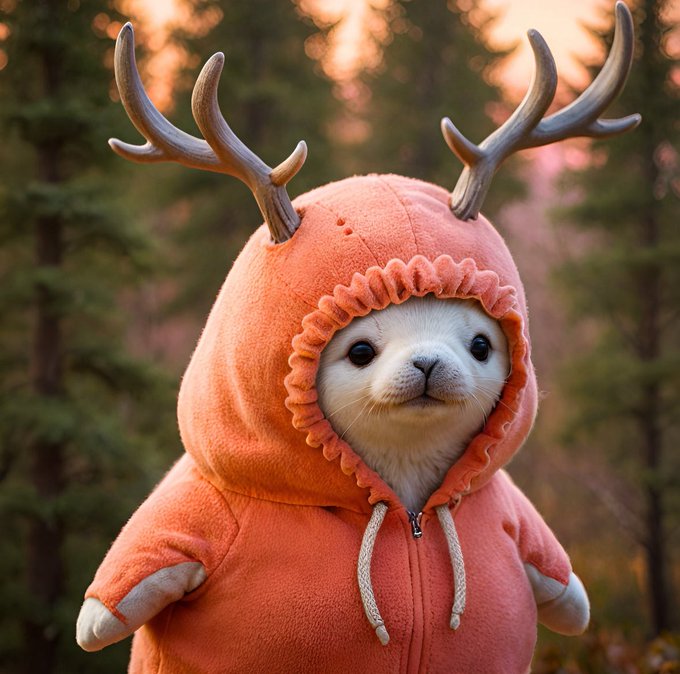 An adorable white seal wears an orange hooded onesie with antlers, standing in a forest at sunset.