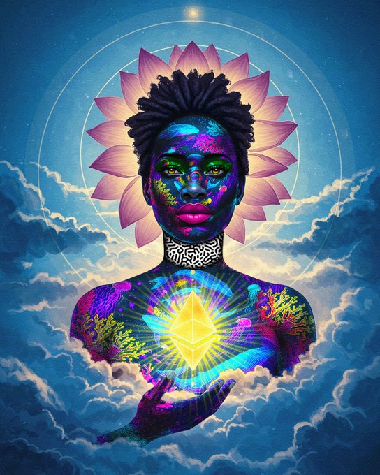 This digital artwork, titled "RISE OF ETHERION" by @YoungKev_Arts, features a vibrant, cosmic portrait of a person adorned with colorful patterns and a glowing Ethereum logo centered on their chest. The piece is part of the @0xMQQ collection on @objktcom, using psychedelic colors and celestial themes to visually represent the "Etherion" concept.