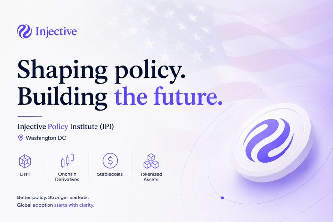 The image features an advertisement for the Injective Policy Institute, which is launching a new initiative called "shaping policy." The poster includes a purple circle with a white "X" inside of it, symbolizing the idea that the future is uncertain and unpredictable. The text on the poster reads "Building the future," indicating that the institute is working to shape policies for the future. The image also contains several icons related to cryptocurrency, such as Bitcoin and Ethereum, which further emphasize the theme of shaping policy in a rapidly changing landscape.
