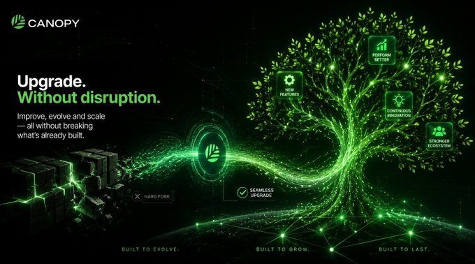 A promotional graphic for Canopy with the headline 'Upgrade. Without disruption,' featuring a glowing green tree and icons for 'Perform Better', 'New Features', 'Continuous Innovation', and 'Strong Ecosystem'.