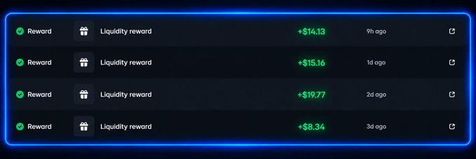 A dark dashboard interface showing four "Reward" entries for "Liquidity reward" with amounts of +$14.13, +$15.16, +$19.77, and +$8.34, timestamped from 9h to 3d ago.