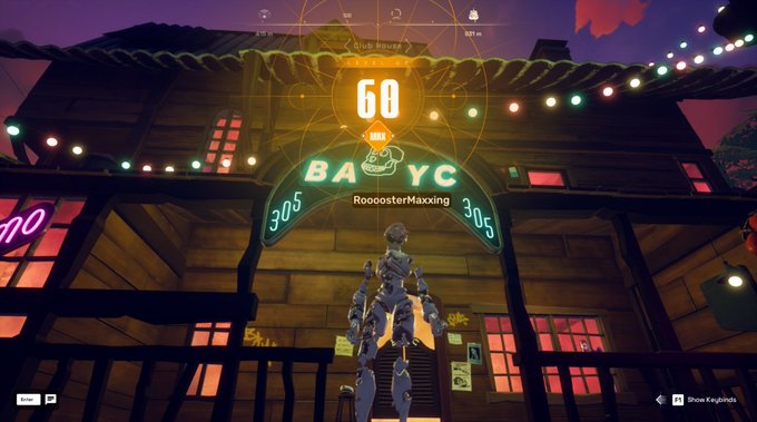 The image features a robot standing in front of an old building, with neon lights illuminating the scene. The text "60 BAYC" can be seen above the robot's head. There are also other neon signs visible in the background, adding to the overall atmosphere of the scene. The post seems to be discussing a game or a video game related to this image, possibly featuring the robot as a character within the game.