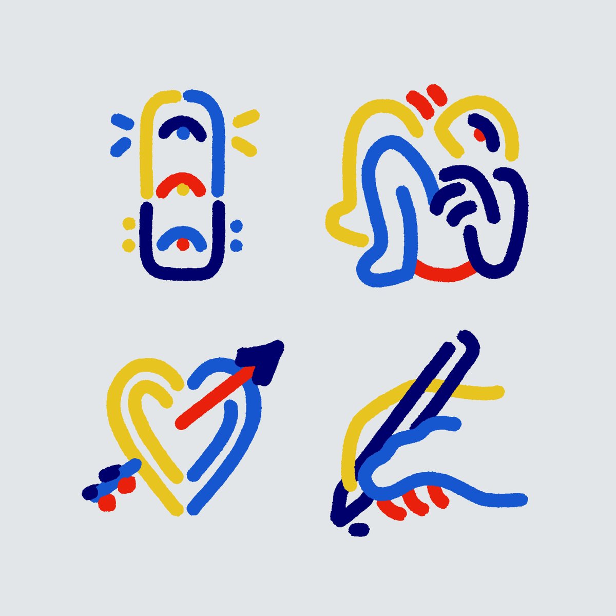 The image features a collection of four different line drawings, each depicting various objects or symbols related to love and affection. The drawings include a heart, an arrow pointing upwards, a pen, and a phone. These illustrations are arranged in a square format on a white background, creating a visually appealing and cohesive design that captures the essence of love and connection.