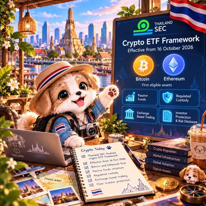 An illustrated graphic features an adorable puppy in a straw hat working at a laptop with a notepad titled 'Crypto Today' listing Thailand SEC finalization of crypto ETF framework, Bitcoin and Ethereum-first, passive funds structure, regulated custody, exchange based trading, and clear investor protection. A sign behind reads 'Thailand SEC Crypto ETF Framework Effective from 16 October 2026' with Bitcoin and Ethereum as first eligible assets.