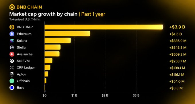 The image is a horizontal bar chart titled "Market cap growth by chain | Past 1 year" for Tokenized U.S. T-bills, showing BNB Chain leading with +$3.9 B, followed by Ethereum (+$1.5 B), Solana (+$886.9 M), Stellar (+$545.8 M), Avalanche (+$509.2 M), Sei EVM (+$258.7 M), XRP Ledger (+$198.1 M), Aptos (+$116.1 M), Offchain (+$54.0 M), and Base (+$3.8 M). The chart visually supports the post's claim that BNB Chain dominated tokenized U.S. Treasury bill growth over the past year, outperforming Ethereum by more than double and all other major chains combined.