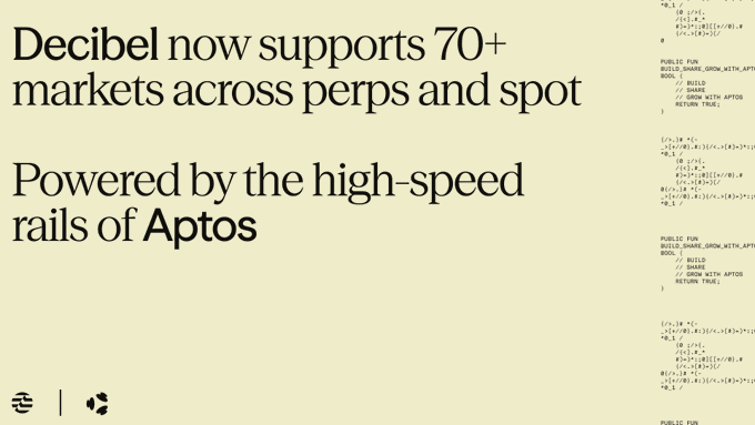 The image features a cream-colored graphic with bold text announcing "Decibel now supports 70+ markets across perps and spot" and "Powered by the high-speed rails of Aptos," alongside Aptos-related Move smart contract code snippets, highlighting Decibel Trade's expansion on the Aptos blockchain as mentioned in the post.