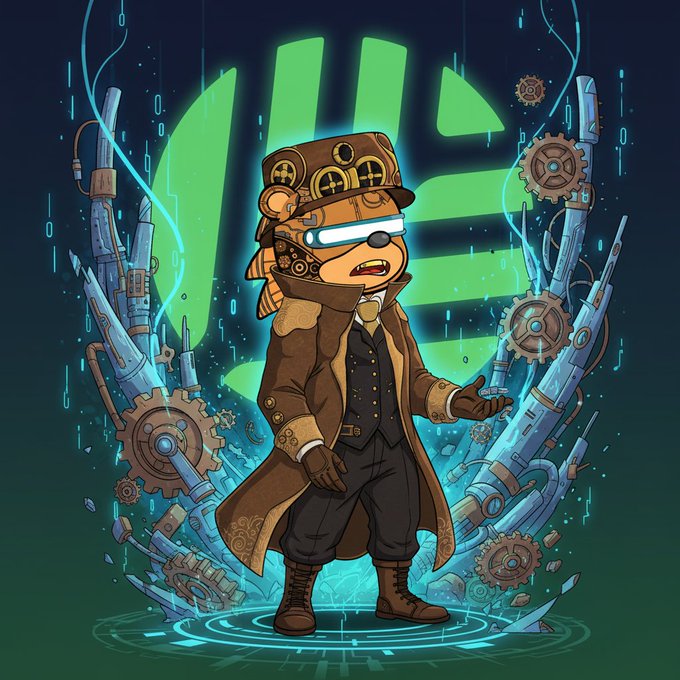 A steampunk-style cartoon bear character wearing a top hat, goggles, a long brown coat, and boots stands in a glowing blue circle, surrounded by mechanical pipes, gears, and a large green logo in the background.