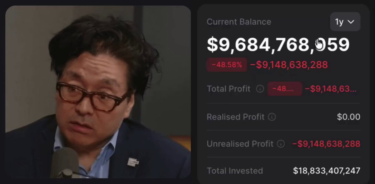The image shows a man wearing glasses, possibly an actor or a news reporter, sitting down with his head tilted back as he looks at a computer screen displaying financial information. The text on the screen reads "Current balance", indicating that the person is checking their account balance. The image also includes a caption about Tom LEE and Bitcoin, which suggests that this might be related to an article or news story about cryptocurrency.