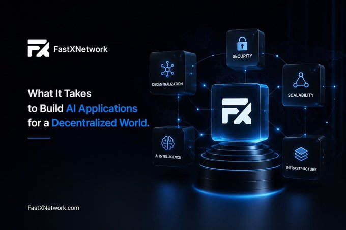 A promotional graphic for FastXNetwork displays a glowing blue 3D cube labeled 'FX' surrounded by cubes representing Security, Decentralization, Scalability, AI Intelligence, and Infrastructure.