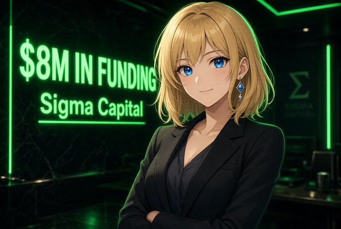 An anime-style illustration of a blonde woman in a black suit, with a glowing green sign behind her reading '$8M IN FUNDING Sigma Capital' and a Sigma Capital logo on the wall.