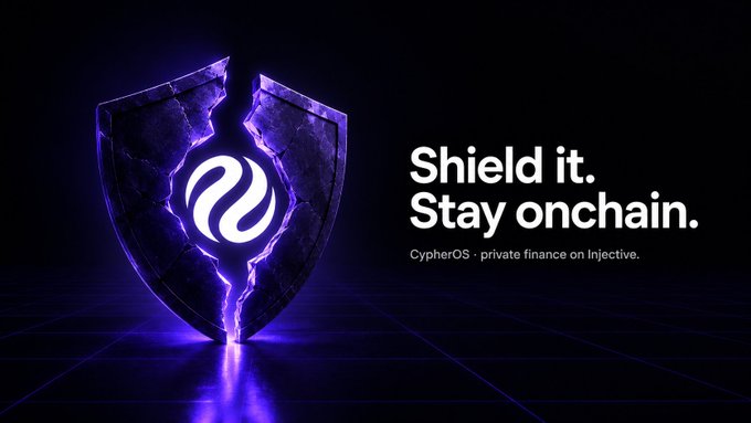 Promotional banner for CypherOS featuring a cracked glowing purple shield with the text 'Shield it. Stay onchain.' and tagline 'CypherOS - private finance on Injective.'