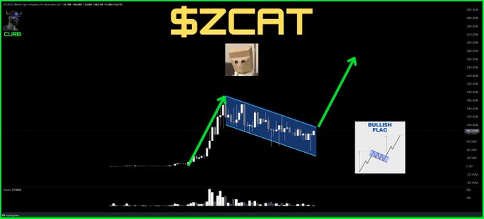 A crypto chart titled "$ZCAT" displays a bullish flag pattern with green arrows pointing upward, projecting a price breakout. The accompanying text predicts that $ZCAT's next leg up is loading, targeting a $1B+ market cap on the Solana blockchain.