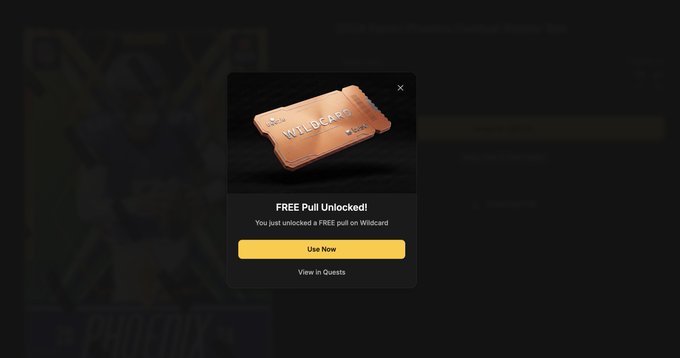 A pop-up notification from the Pokémon TCG Live game showing a 'FREE Pull Unlocked!' message for a Wildcard with a 'Use Now' button.