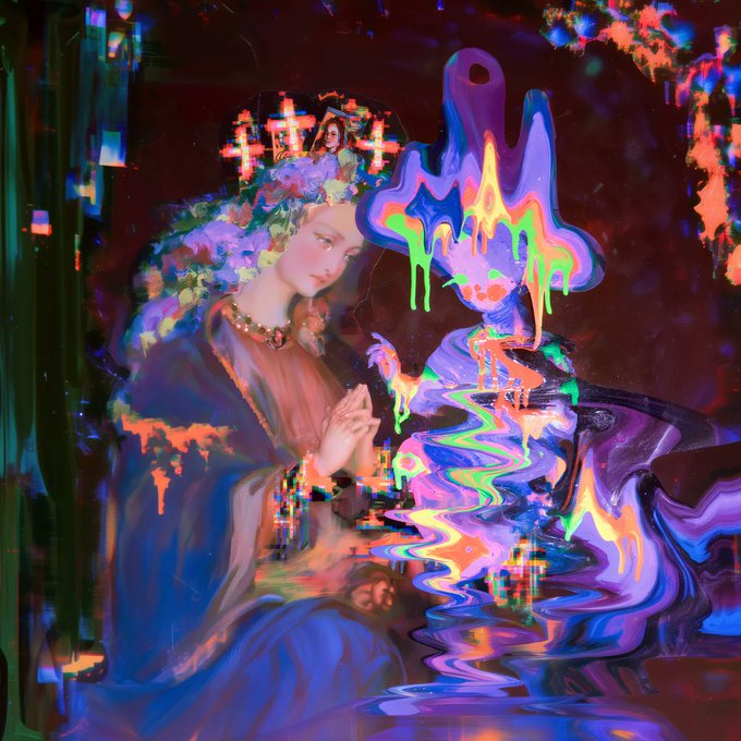 A glitchy, psychedelic digital artwork featuring a religious figure resembling the Virgin Mary in prayer, surrounded by vibrant dripping colors and abstract distortions.