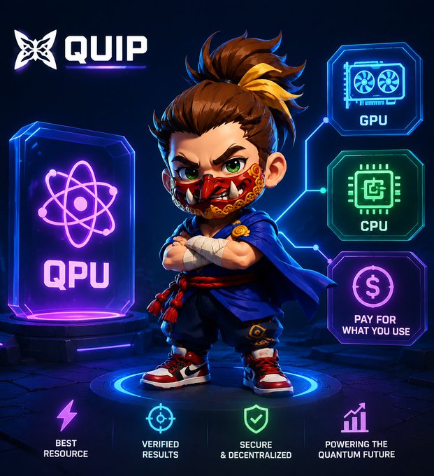 A colorful promo for 'QUIP' features a cartoon ninja character alongside labeled panels for QPU, GPU, CPU, and 'PAY FOR WHAT YOU USE'.