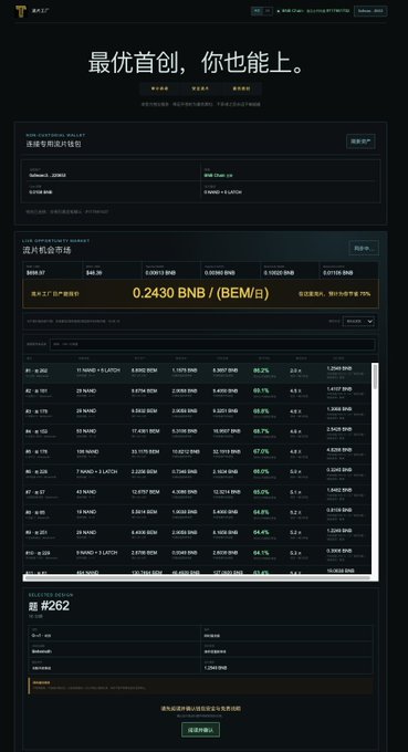 A Chinese-language cryptocurrency website displaying BNB (BEM) liquidity market data, showing a price of 0.2430 BNB/(BEM) and various token swapping options.