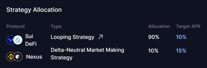 A 'Strategy Allocation' interface shows two crypto strategies: Sui DeFi Looping Strategy at 90% allocation with a 10% Target APR, and Nexus Delta-Neutral Market Making Strategy at 10% allocation with a 15% Target APR.
