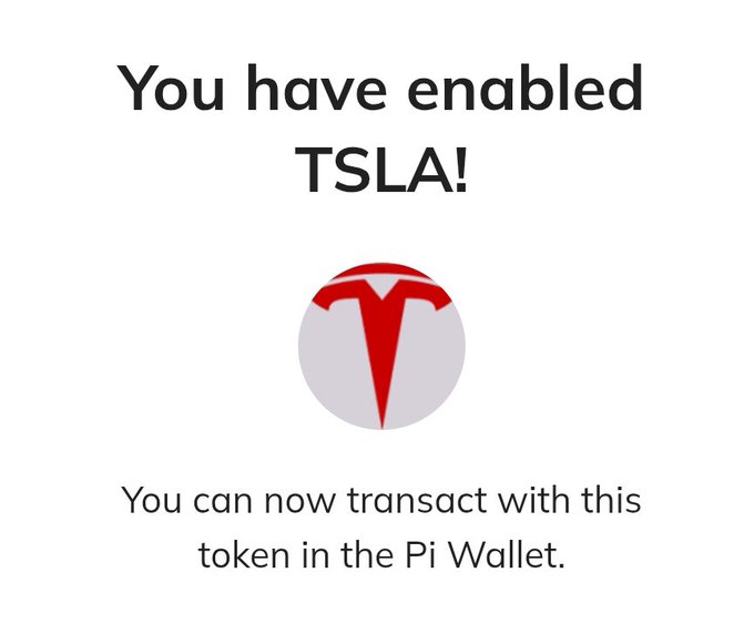 A confirmation screen showing "You have enabled TSLA!" with the Tesla logo, indicating that the Tesla (TSLA) test token has been successfully added to the Pi Network Testnet Wallet, aligning with the post's announcement of major new test tokens including Tesla being available for transactions.