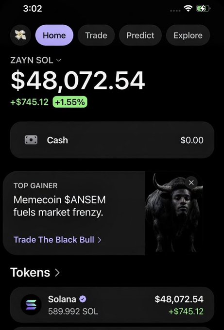 A screenshot of a crypto portfolio app showing ZAYN SOL valued at $48,072.54 with a +$745.12 (+1.55%) gain, featuring a promotional banner for the "Top Gainer" memecoin $ANSEM alongside Solana holdings of 589.992 SOL, tying in with the post's promotion of $SOL and $ANSEM tokens and a supposed airdrop opportunity.