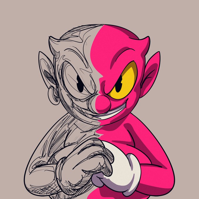 A split image showing a cartoon character (Amy Rose) with one half as a pencil sketch and the other half fully colored in pink with a yellow eye, with a mischievous smile.