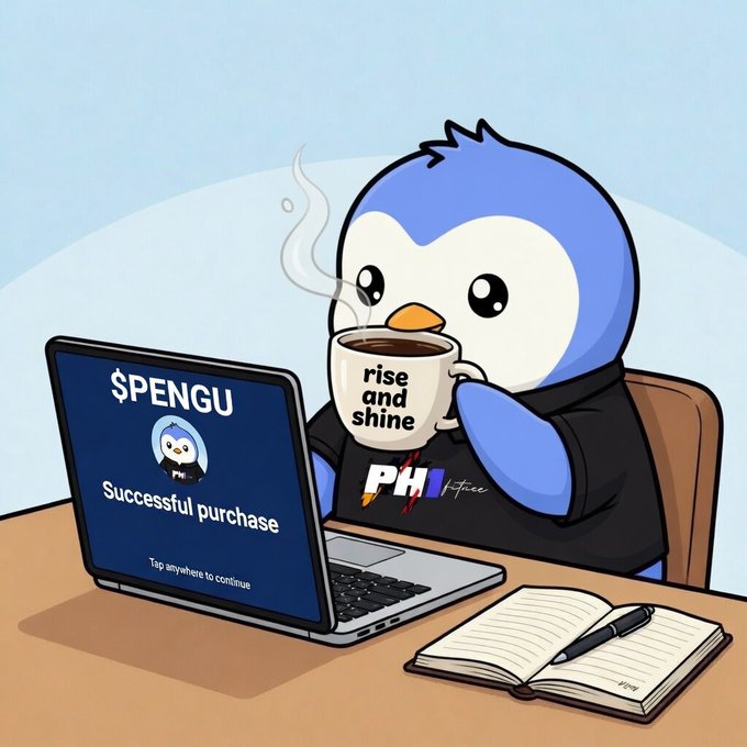 A cartoon penguin wearing a "PHFree" hoodie drinks from a "rise and shine" mug while viewing a laptop screen that reads "$PENGU Successful purchase — Tap anywhere to continue," with an open notebook beside it, visually capturing the poster's enthusiasm about their $PENGU buy-in.