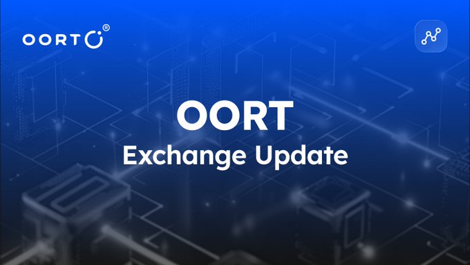A blue digital graphic displays the text 'OORT Exchange Update' with the OORT logo in the top left corner and a share icon in the top right, set against an isometric tech background.