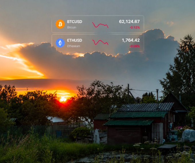 A sunset scene over a rural village with wooden houses is overlaid with a crypto price widget showing BTCUSD at 62,124.67 (-0.12%) and ETHUSD at 1,764.42 (-0.09%).
