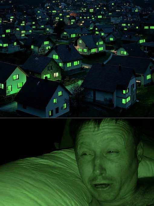 The image is a two-panel composite from the 2015 video art piece "Sleep" by Christoph Brech, showing a drone-aerial view of a suburban neighborhood at night with all the houses glowing an eerie, artificial green, paired with a close-up of a man sleeping bathed in the same green light. Paired with the post's hype about a "BIG PUMP" and meme/alt season, the image's color-coordinated, uniform green glow is a visual nod to "green candles" — the crypto-trader shorthand for bullish price action across the market.