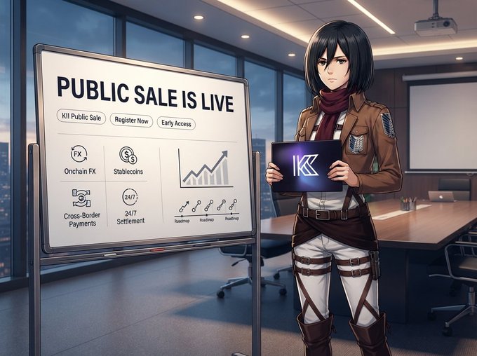 An anime-style promotional image showing a dark-haired female character holding a tablet displaying the 'IK' logo, standing next to a whiteboard reading 'PUBLIC SALE IS LIVE' with features like Onchain FX, Stablecoins, Cross-Border Payments, and 24/7 Settlement.