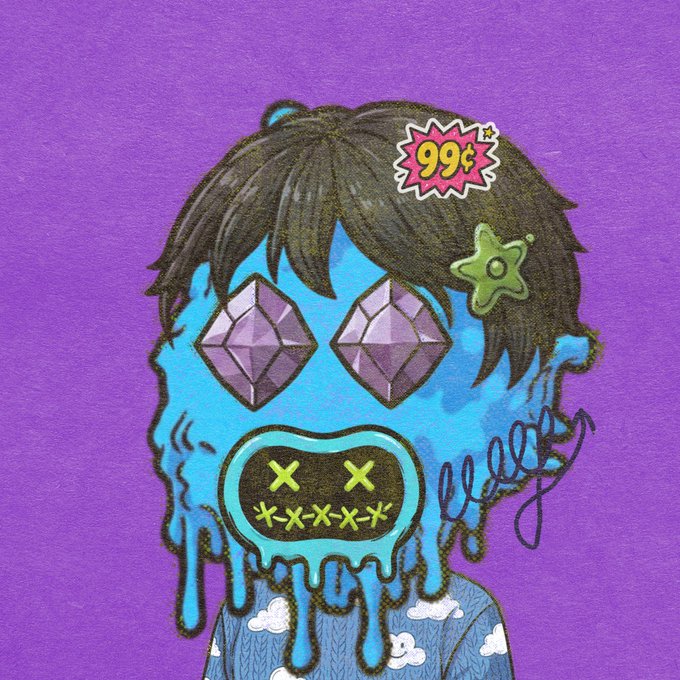A pop-art style illustration of a blue-skinned character with dripping features, purple diamond-shaped eyes, a stitched mouth with X eyes, a green star sticker, and a '99¢' price tag, set against a purple background.