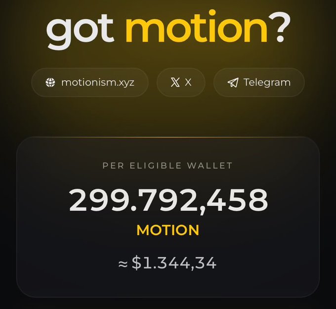 A graphic titled "got motion?" displays the airdrop value for eligible wallets of the $MOTION token from motionism.xyz, showing 299,792,458 MOTION (≈$1,344.34), promoted alongside its X and Telegram channels.