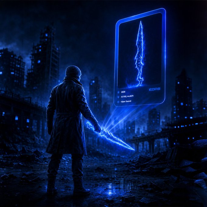 A hooded figure in a dark, ruined cityscape wields a crackling blue energy blade, with a floating holographic card displaying stats like "2658," "41,705 / 44,8271," and "Viper Sword" hovering beside them. The scene visually represents the dual NFT system described in the post—showing a "Gear NFT" weapon (the energy sword with limited durability stats) that burns out with use, contrasting with the holographic UI that hints at the more permanent "Asset NFTs" like BattleChips.