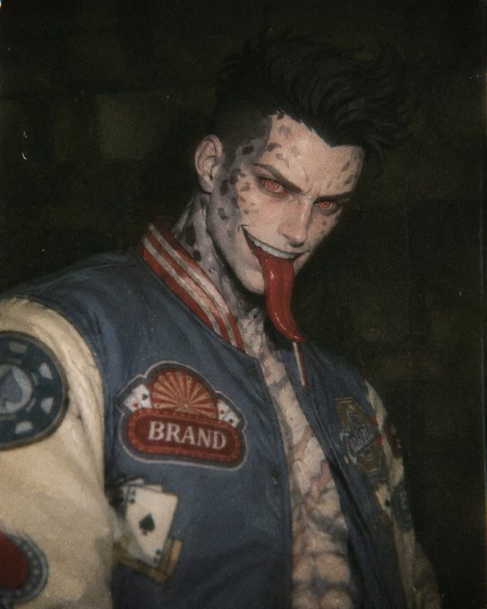 A dark, stylized illustration of a menacing figure with a long red tongue, a patterned face, and a blue and white jacket bearing a 'BRAND' patch.