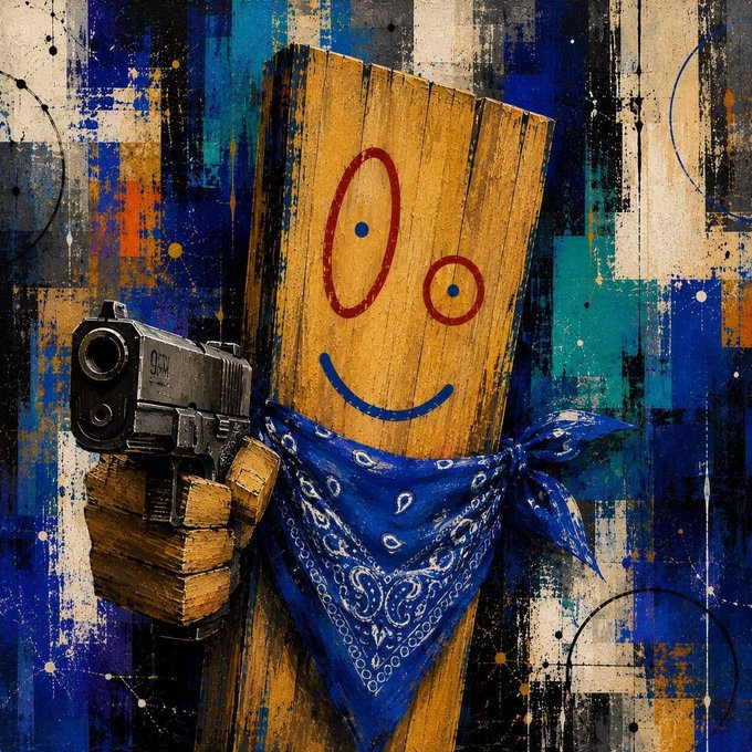 A street-art style painting depicts a wooden plank figure with a smiling face, wearing a blue paisley bandana and pointing a black handgun against a vibrant blue, orange, and white abstract background.