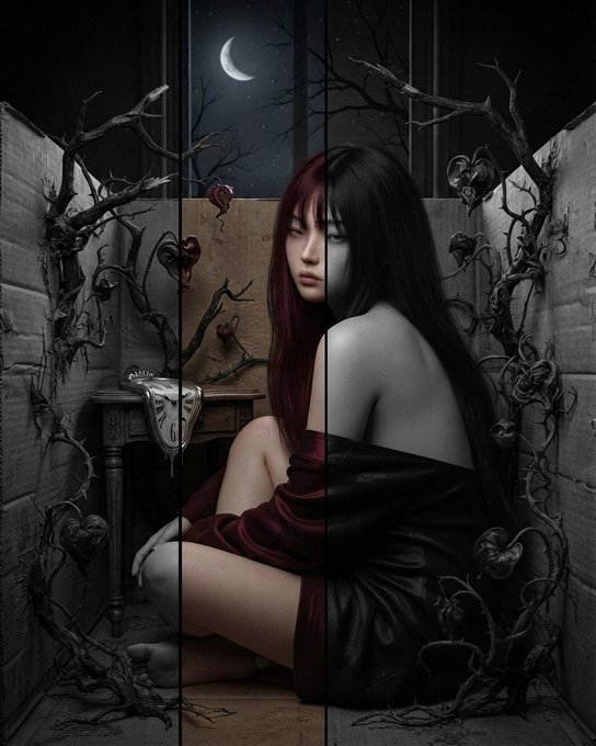 Gothic digital artwork of a woman with split red and black hair, wrapped in dark fabric, seated in a desolate corner surrounded by thorny vines, with a crescent moon visible through a window above.