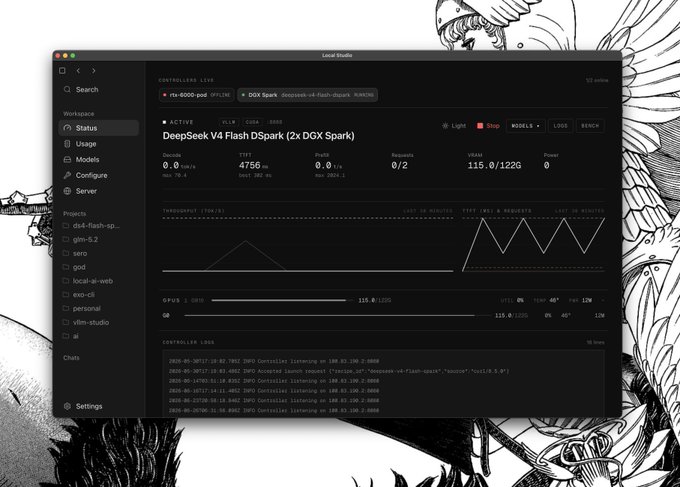 A screenshot of the "Local Studio" interface displaying an active "DeepSeek V4 Flash DSpark (2x DGX Spark)" container, showing TTFT of 4756ms, 0.0 tok/s, 115.0/122G VRAM usage, and GPU0 at 115.0W utilization. The dashboard visually confirms the user's post about their 2x Spark node setup, though the displayed token/s rate shows 0.0 rather than the claimed ~50 tok/s.