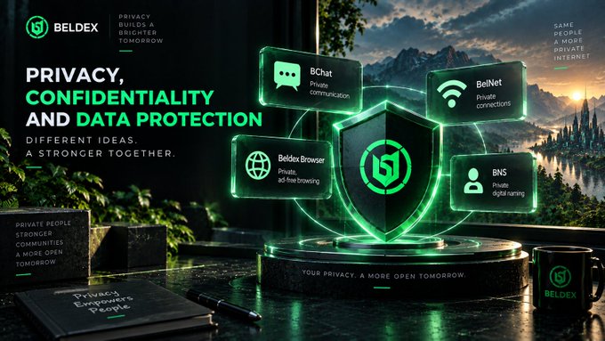 A promotional graphic for Beldex highlighting 'PRIVACY, CONFIDENTIALITY AND DATA PROTECTION,' featuring a central shield icon surrounded by service panels for BChat, BelNet, Beldex Browser, and BNS.