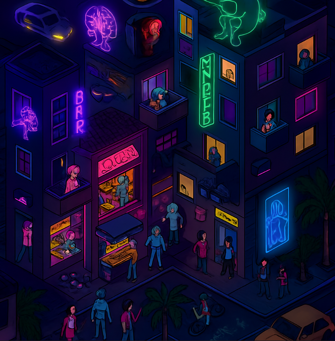 A vibrant neon-lit isometric illustration of a city street at night featuring buildings with glowing signs for "BAR," "MINI CLUB," and a ramen shop, with hooded figures in hoodies walking around the streets and characters looking out from windows.