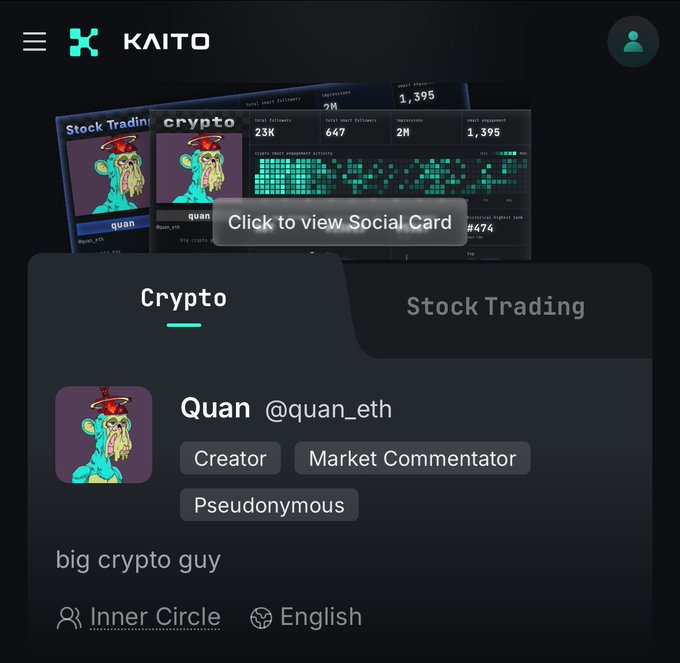 The image shows a Kaito profile for "Quan" (@quan_eth), a pseudonymous crypto Creator and Market Commentator described as a "big crypto guy," who has regained their Inner Circle badge. This relates to the post announcing the return of the Inner Circle status, a mark of recognition within the Kaito crypto community.