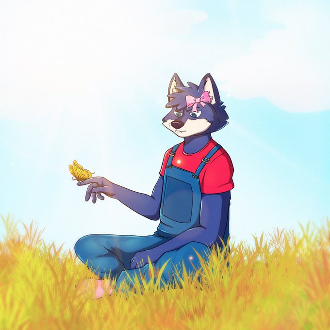 An anthropomorphic wolf character wearing overalls and a pink bow sits in a golden field, gently holding a yellow butterfly on her finger under a soft blue sky. The image complements the bullish post by symbolizing the delicate strength and quiet resilience the speaker attributes to "Wolfies" — a tender guardian moment that reflects perseverance and hope in the face of odds.